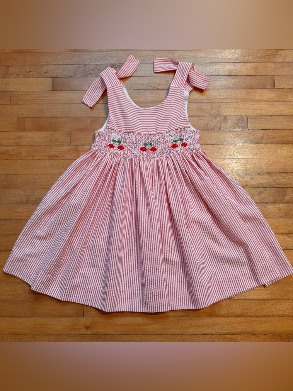 SMOCKED CHERRY DRESS Carriage Boutique Vintage 2T Toddler Girl Party Seersucker